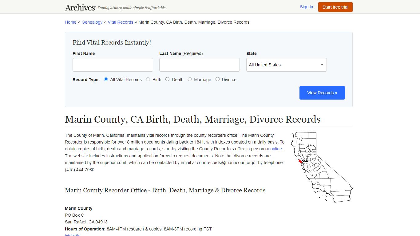 Marin County, CA Birth, Death, Marriage, Divorce Records